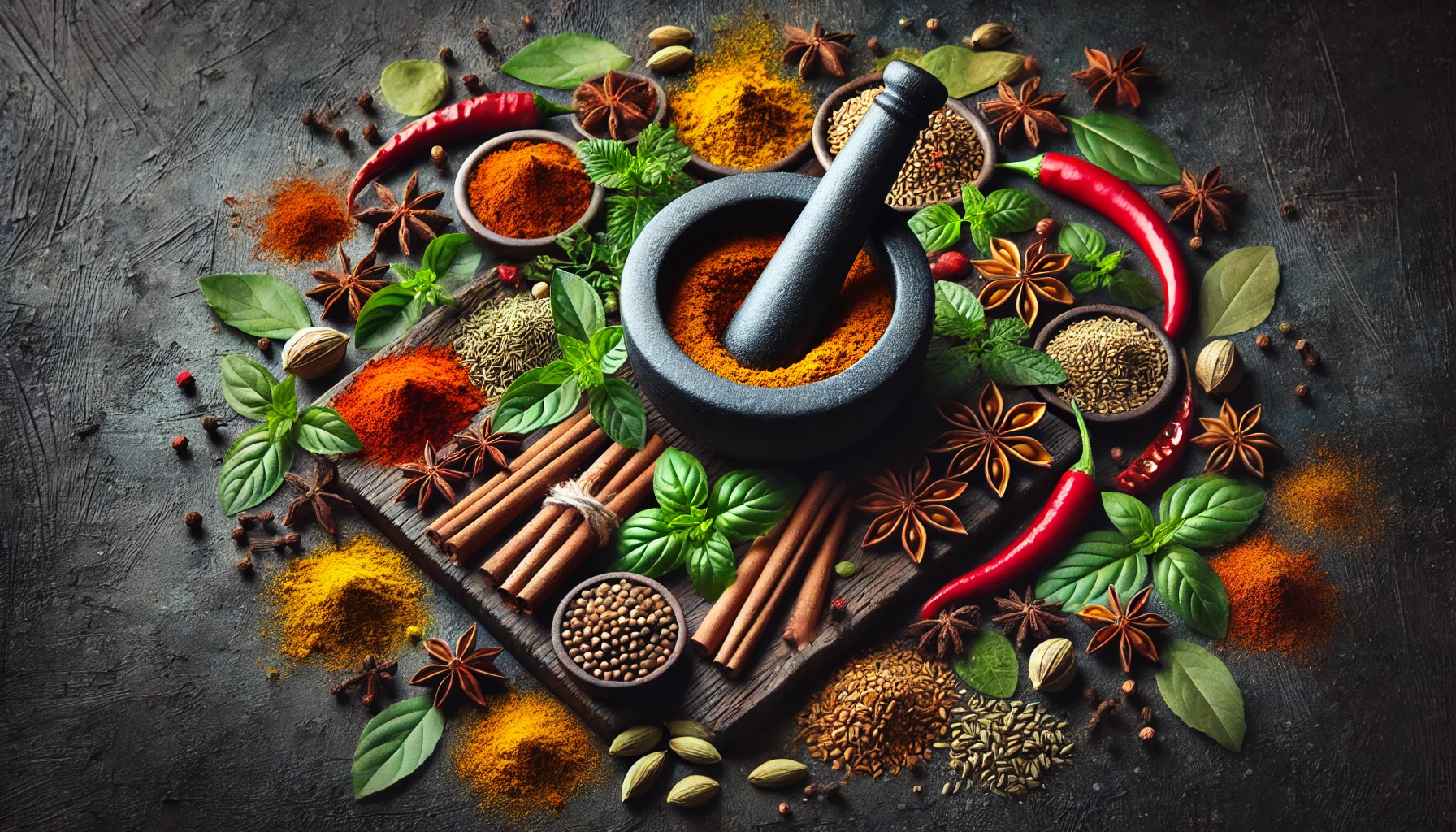 DALL·E 2024-10-10 21.03.02 - A dark-themed arrangement of various herbs and spices spread around a rustic mortar and pestle on a wooden surface. The spices include vibrant turmeri