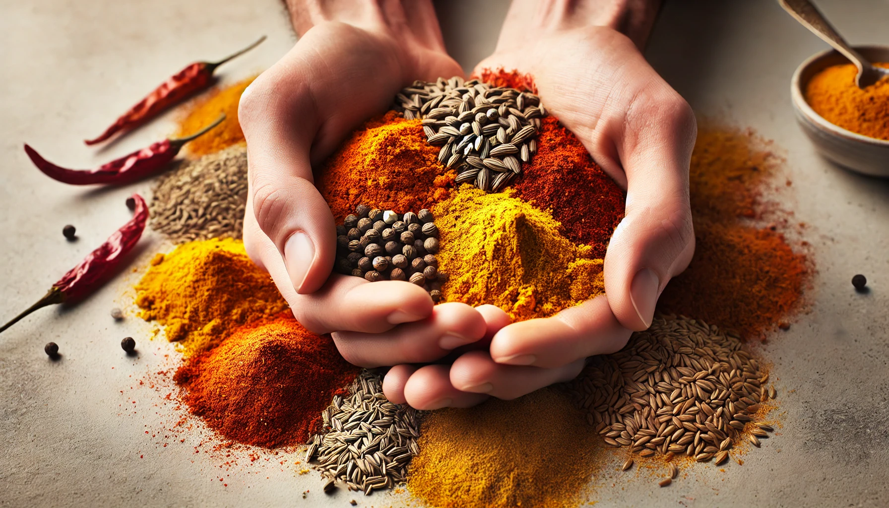 DALL·E 2024-10-10 23.59.17 - A close-up landscape image of two hands gently holding a mix of colorful spices, including turmeric, chili powder, cumin seeds, and coriander seeds. T